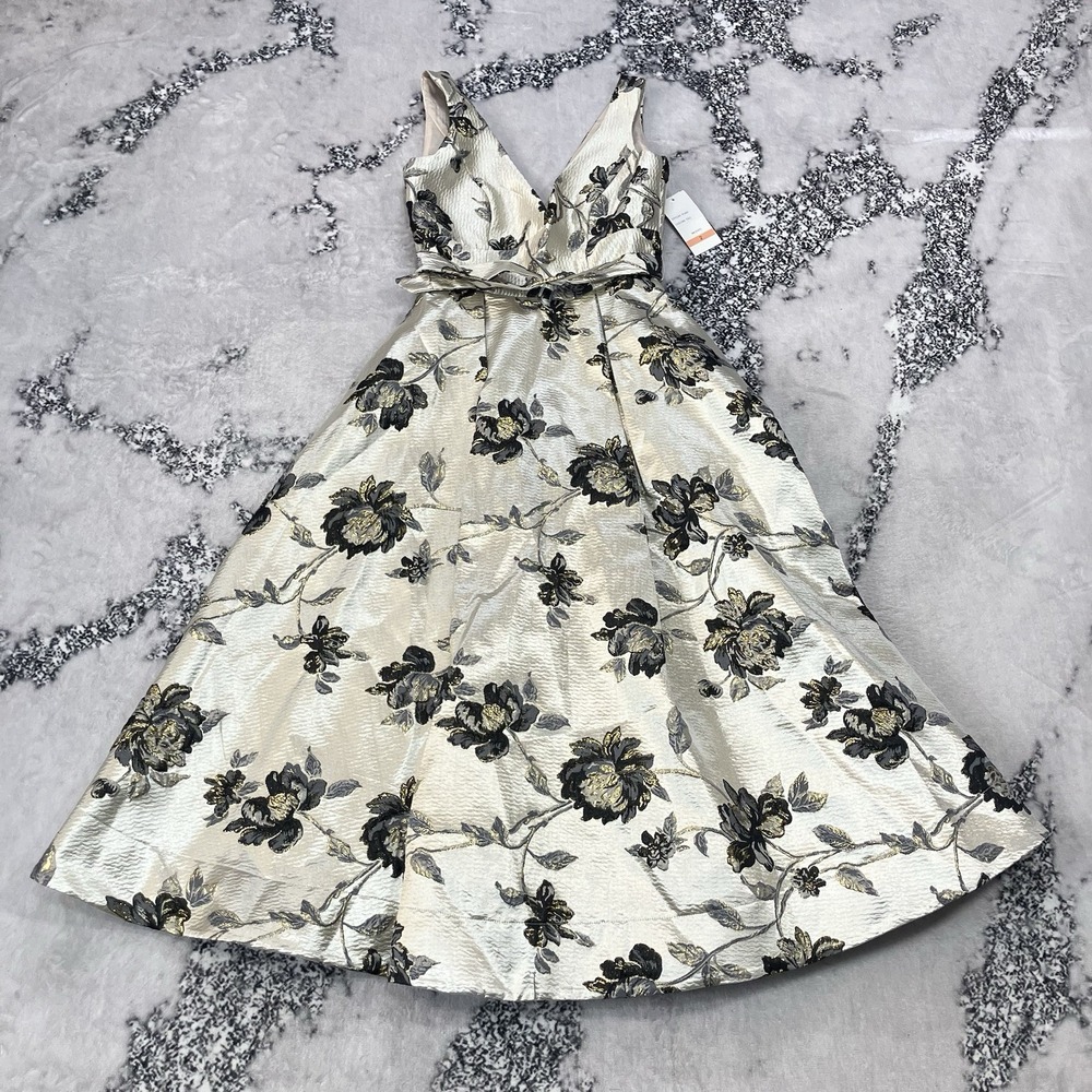Taylor Size‎ 2 Ivory Black Gold Floral Jacquard Fit Flare Cocktail Dress NWT
